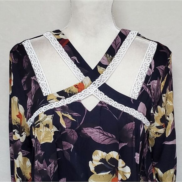 ANTHROPOLOGIE Entro Blue Purple Boho Floral Flare Sleeve Keyhole Swing Dress - Picture 3 of 13